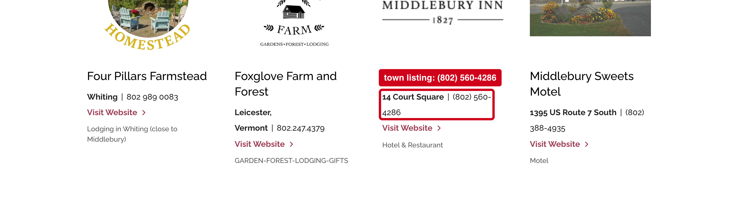 Screenshot: Experience Middlebury lists a different phone number