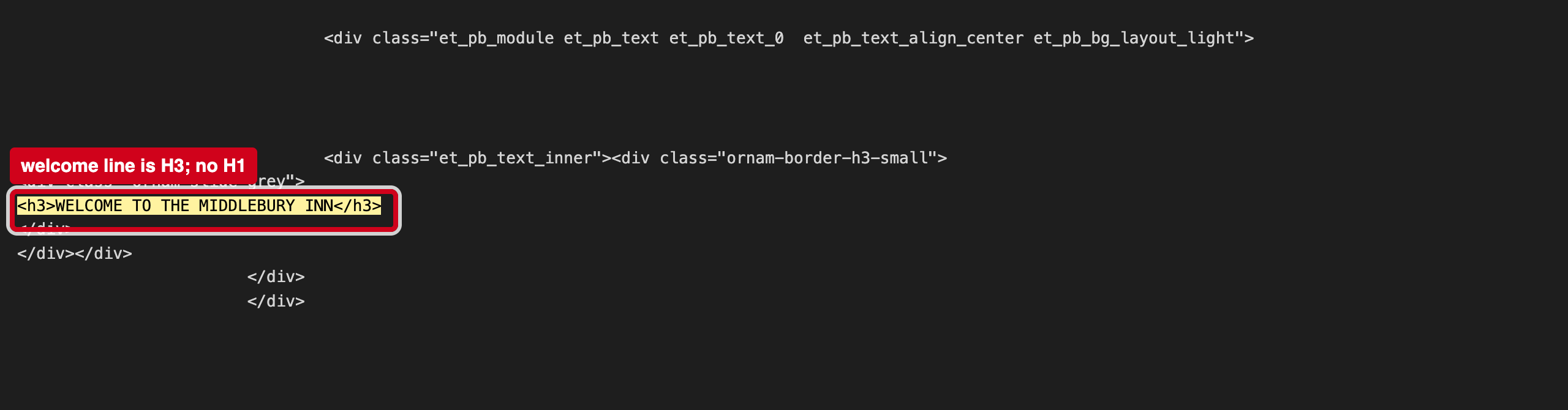 Screenshot: The page has no H1; the welcome line is an H3